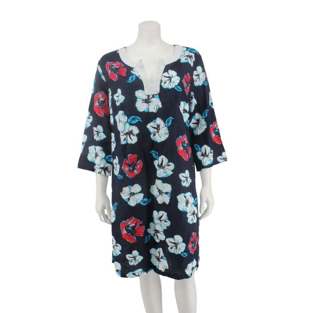 Talbots Blue Hibiscus Floral Beaded V-Neck Caftan Tunic Linen Dress Size L